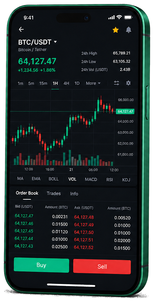 Interfaz móvil de Argentum AI con gráficas en vivo de BTC/USDT, libro de órdenes y panel de compra/venta